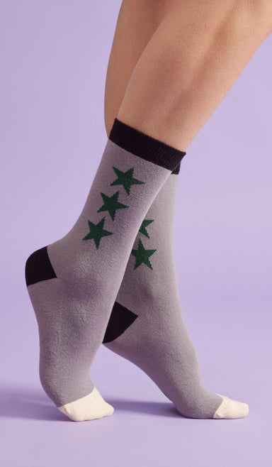 גרבי כותנה לנשים - כוכבים אפור / ירוק