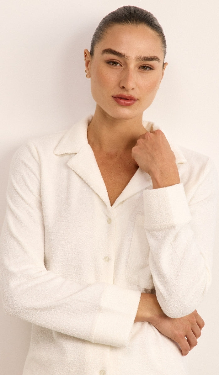 סט מכופתר מבד בוקלה - לבן