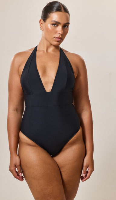 Black halter neck one-piece swimsuit, front view – ZOHARA