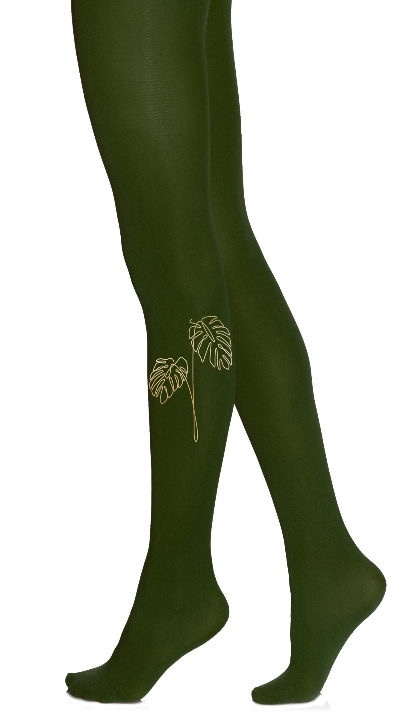 גרביון ירוק אטום עם הדפס עלים עדינים זהובים