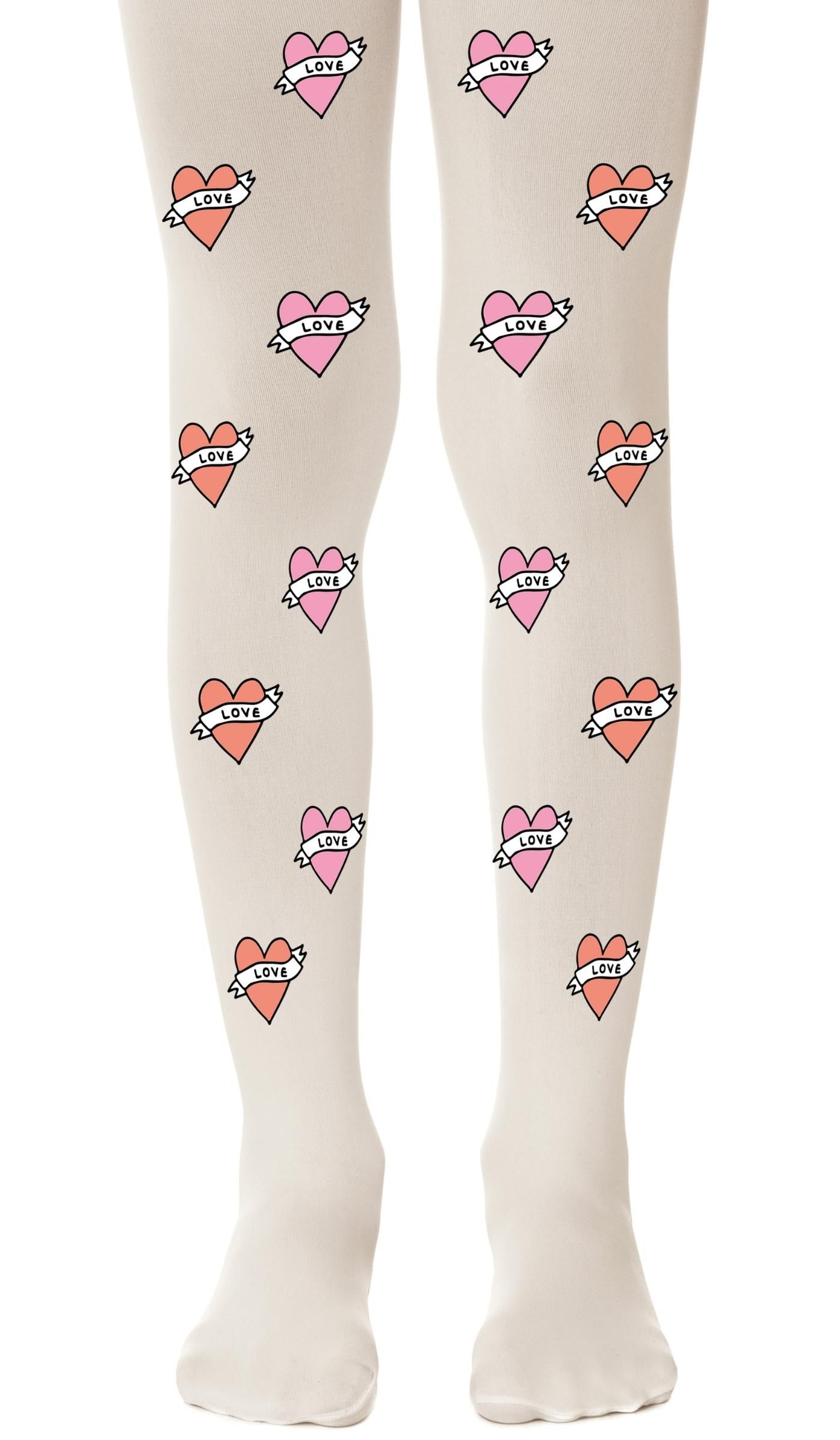 גרביון ילדות קרם עם הדפס לבבות 