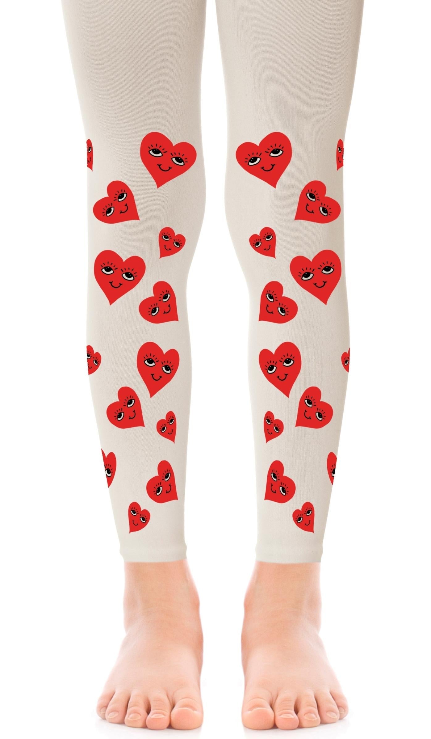 גרביון ילדות קרם ללא כף רגל עם הדפס לבבות סמיילי