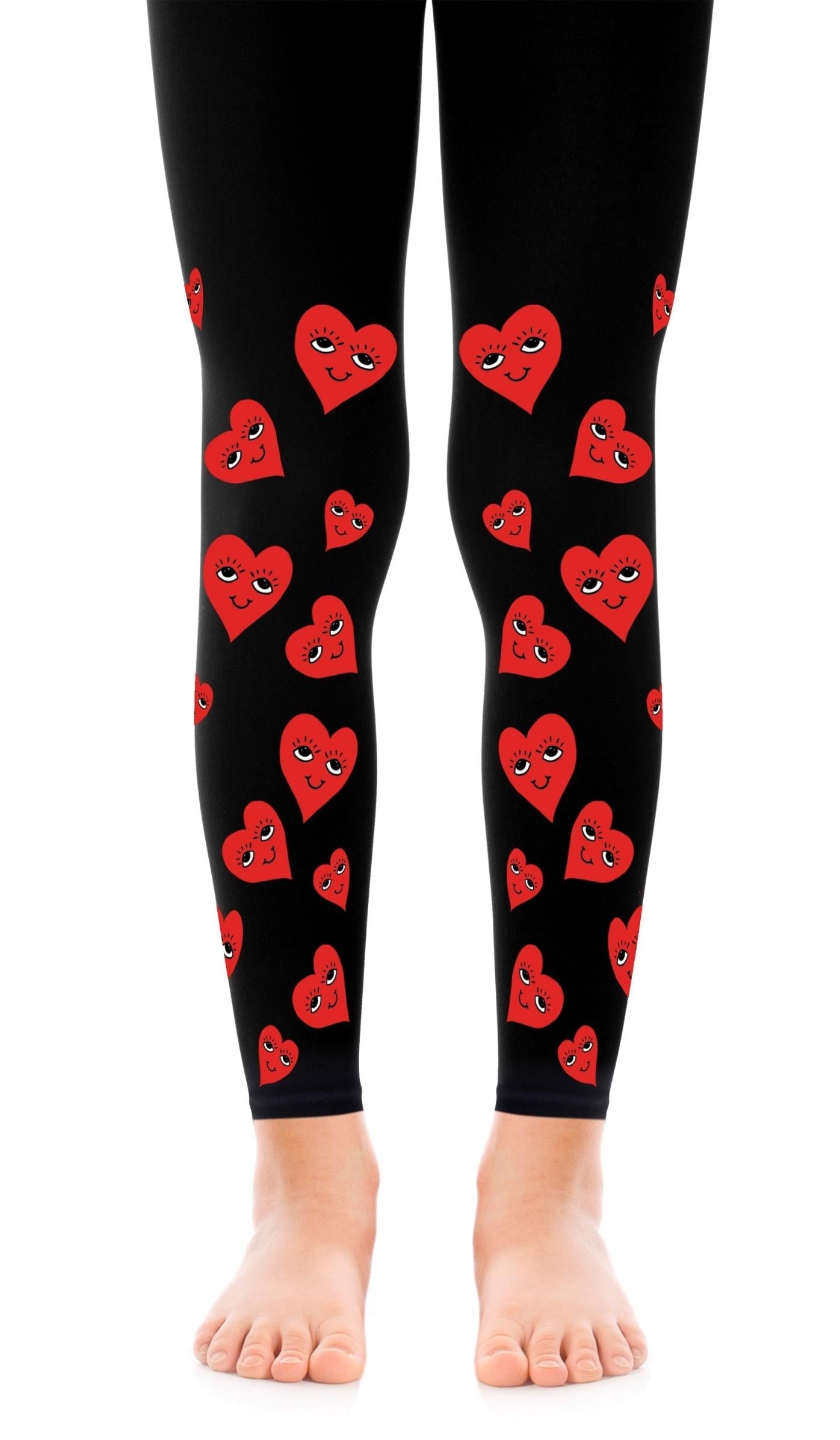 גרביון ילדות שחור ללא כף רגל עם הדפס לבבות סמיילי