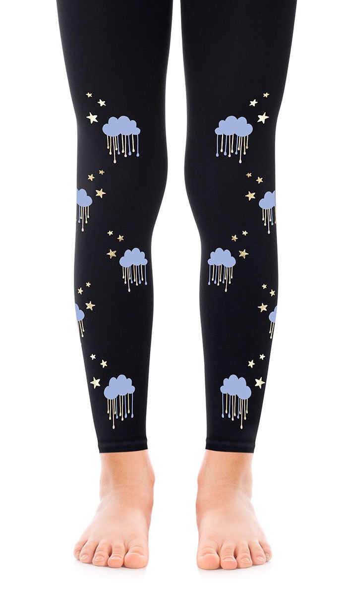 גרביון ילדות שחור ללא כף רגל עם הדפס ענני גשם וכוכבים