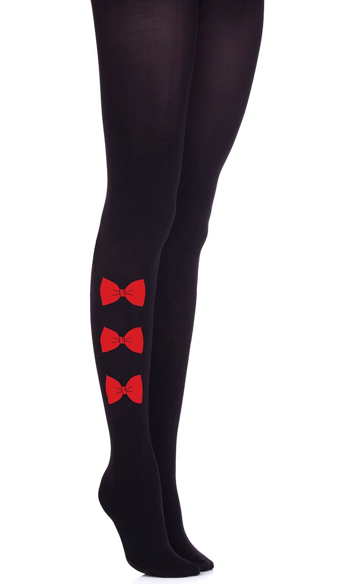 גרביון נשים שחור אטום עם הדפס פפיונים אדומים בצד הרגל