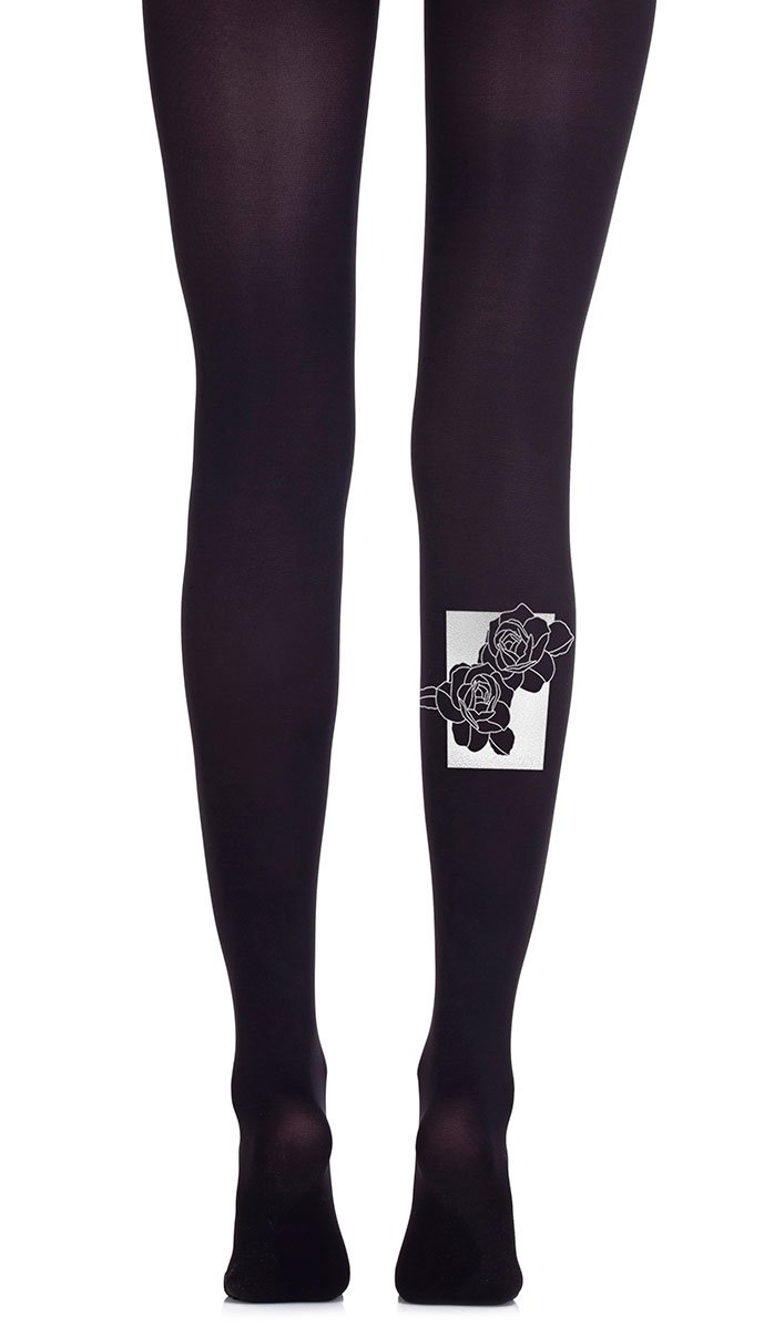 גרביון בצבע שחור עם הדפס ורדים כסופים